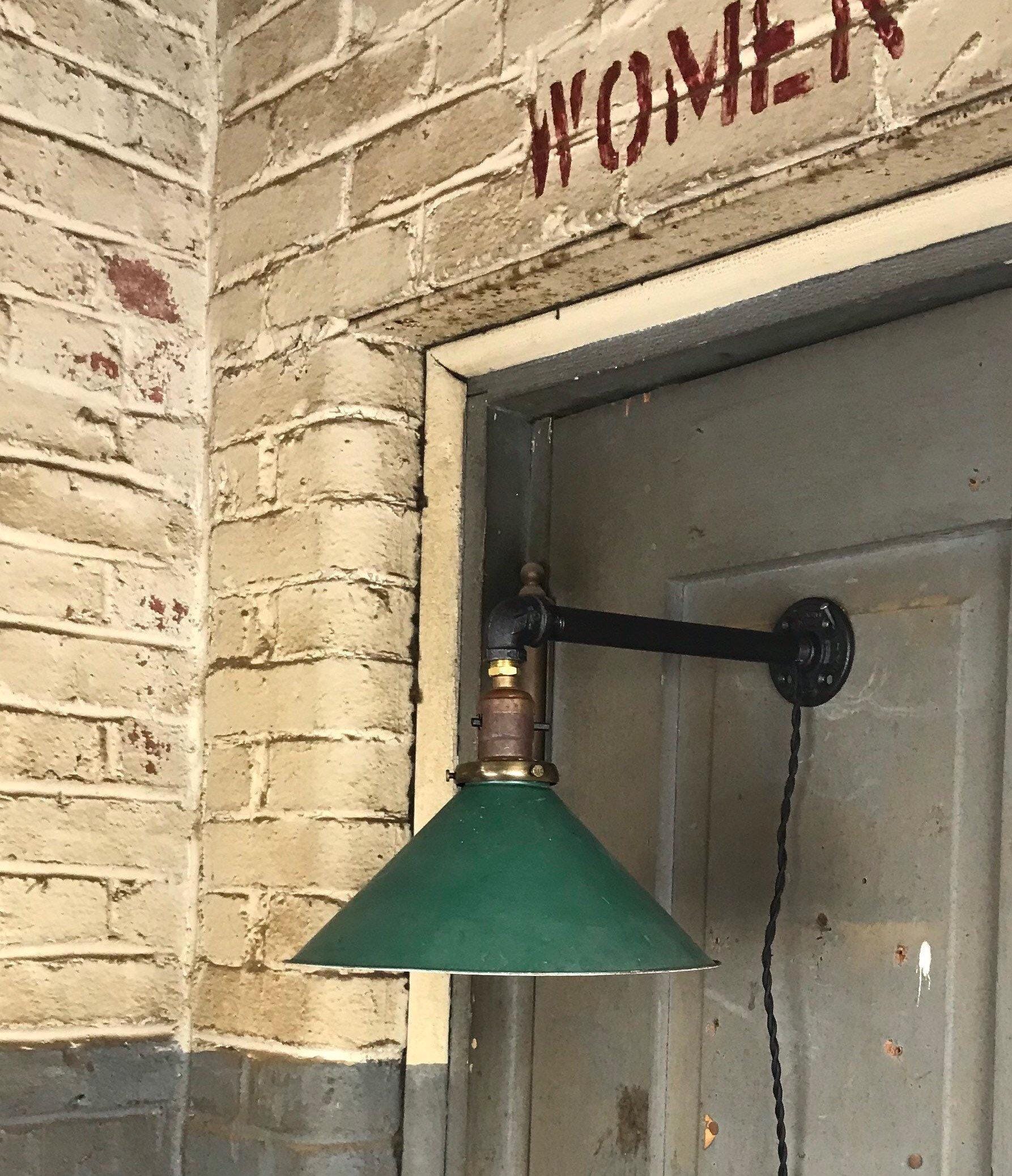 Old Original Green Metal Barn Light Fixture Electric Wall Sconce, 12