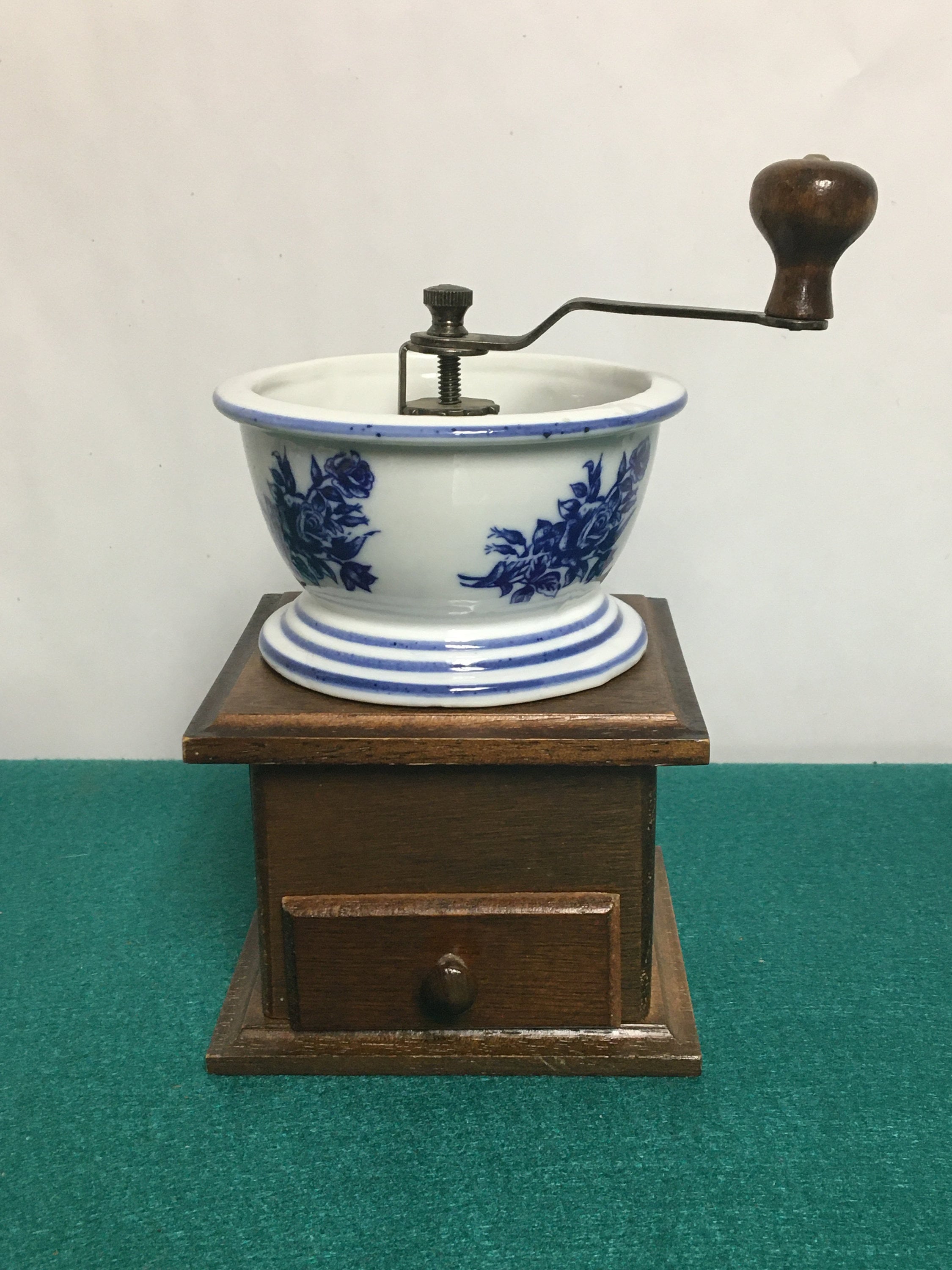 Hand Crank Coffee Grinder, Wood with Ceramic Hopper in Blue Rose