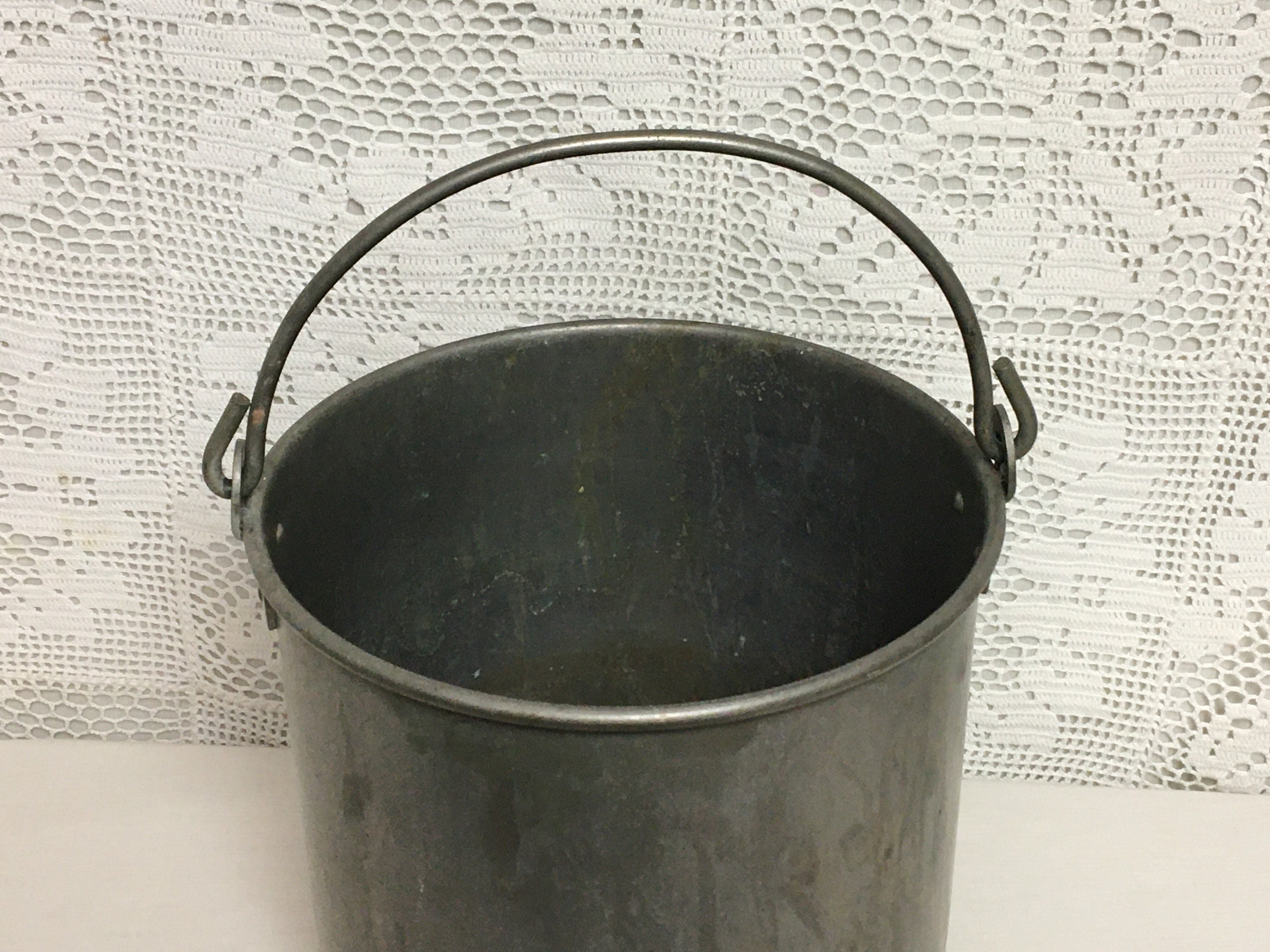 Vintage Stainless Steel Farm Milk Pail Bucket with Wire Handle and Side