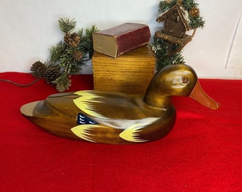 Hand Carved Wooden Duck Decoy with Glass Eyes, Hunting Decoy, Drake Mallard Duck