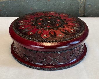 Round Carved Wood Trinket Box, Made in Poland, Lidded Box, Jewelry Box, Folk Art Box