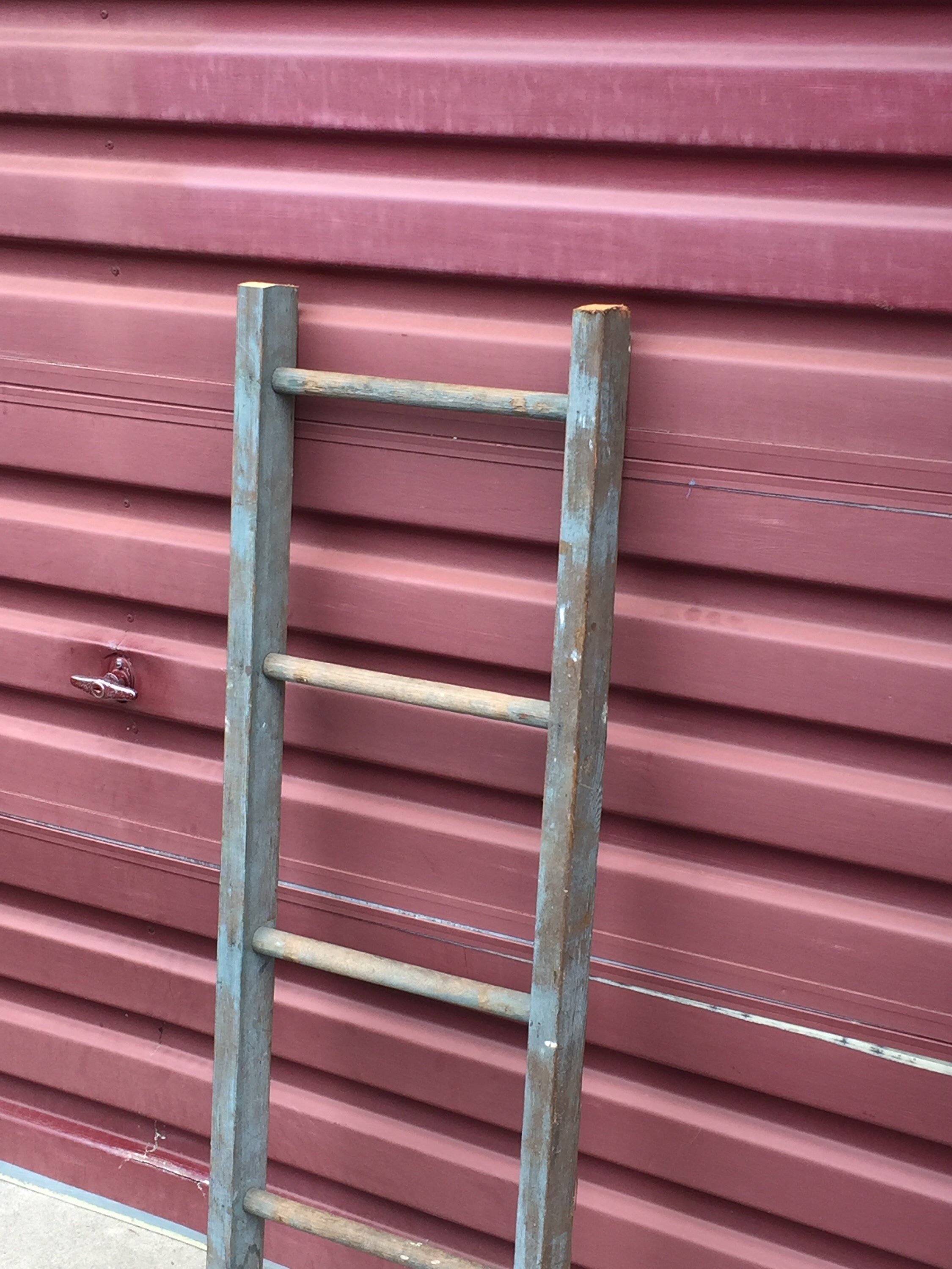An Old 48 Wooden Blanket Ladder with Faded Blue Paint Patina, Wooden