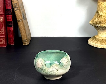 Asian Raku Pottery Bowl with Cut Out and Leaves, Artist Signed, Small Crackle Glaze Vase