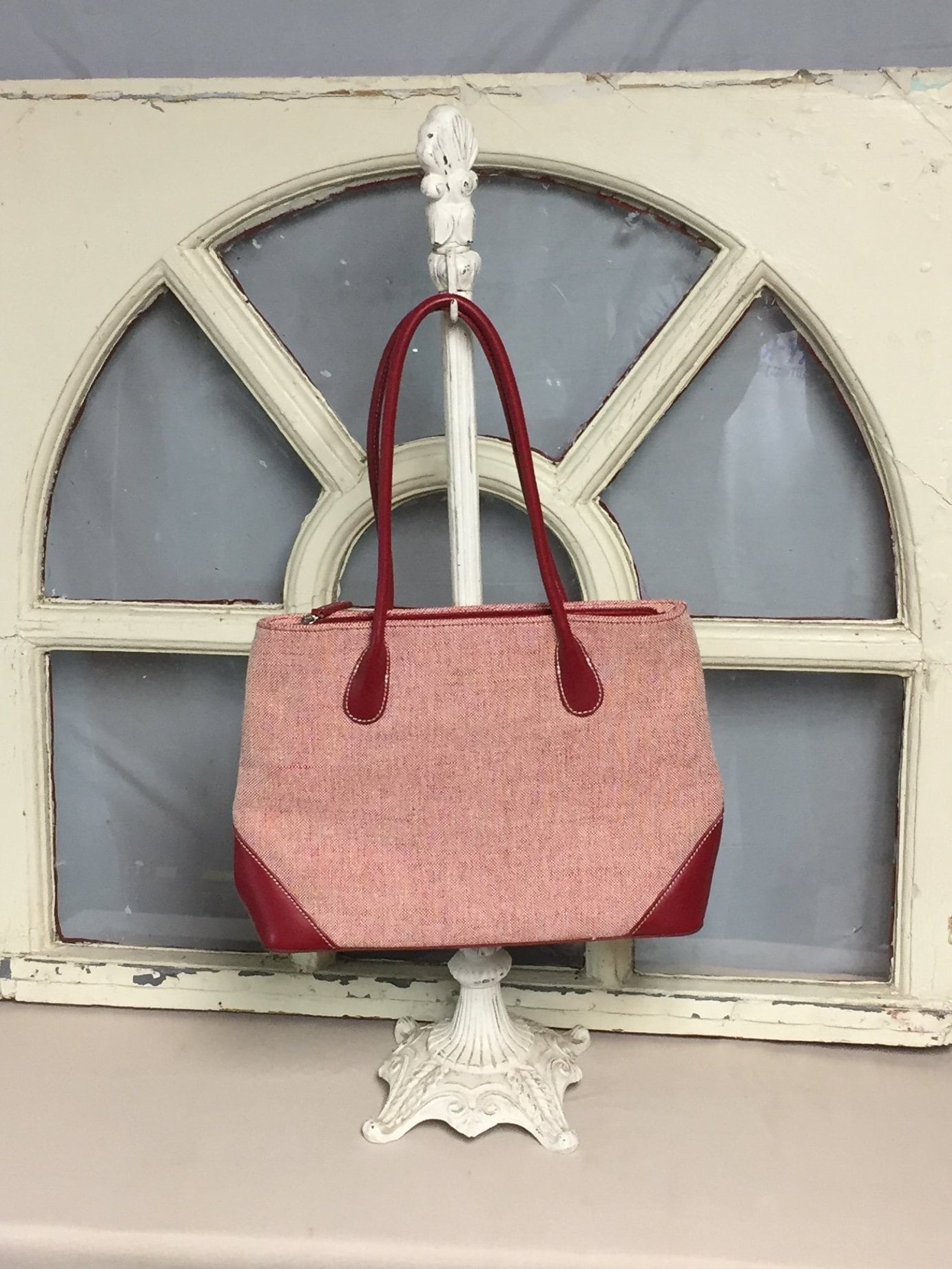 RESERVED Vintage Eddie Bauer Handbag, Jute Purse, Red and White Canvas
