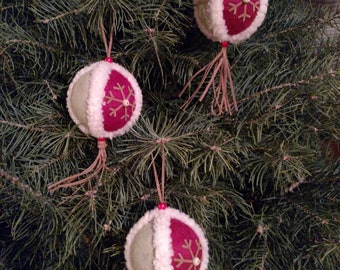 Faux Leather and Lambswool Ornaments, Snowflake Ornament, Natural Material Holiday Ornaments, Set of 3