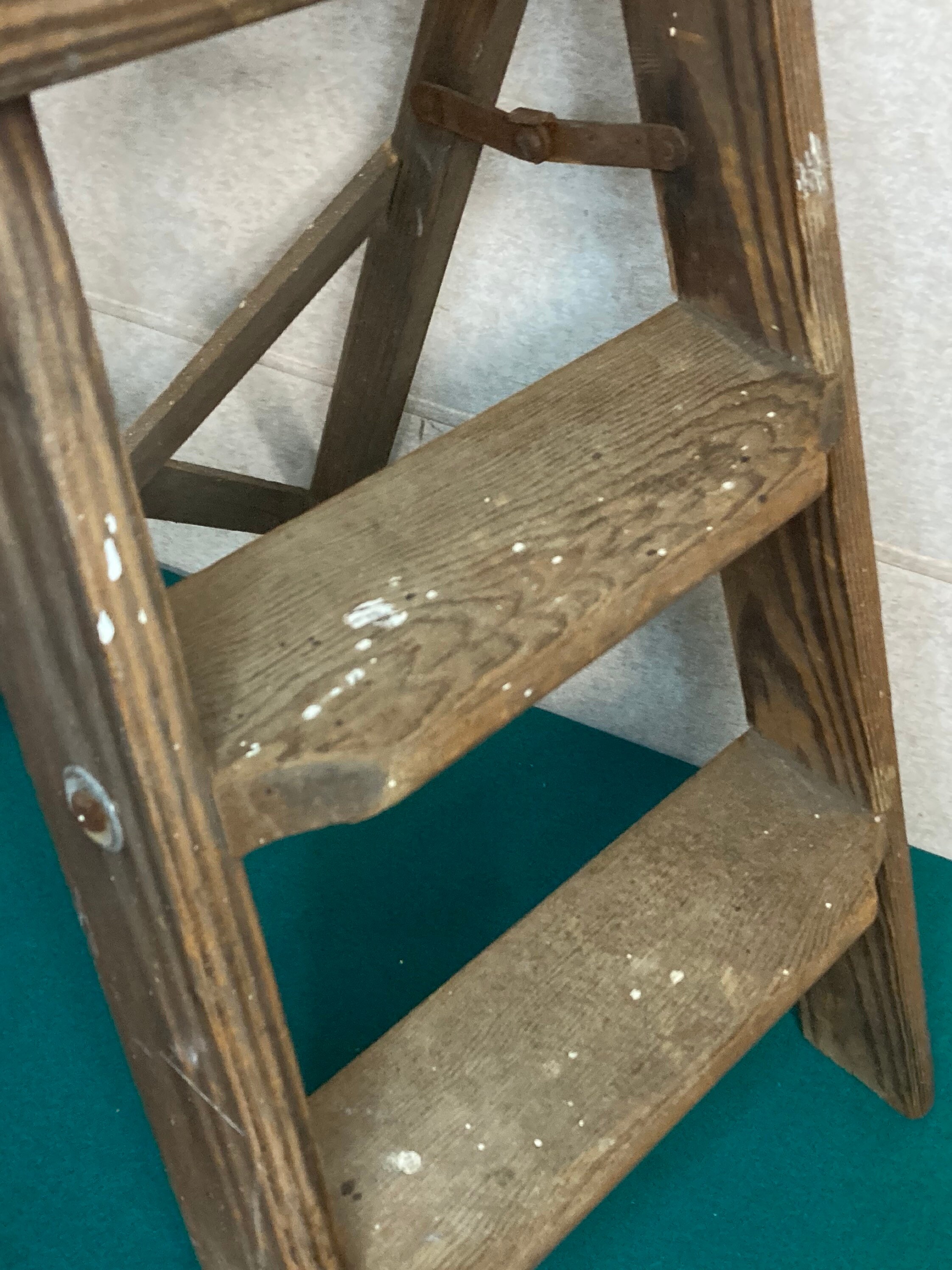 1960's Small Shabby Wooden Step Stool Ladder, Folding Step Stool