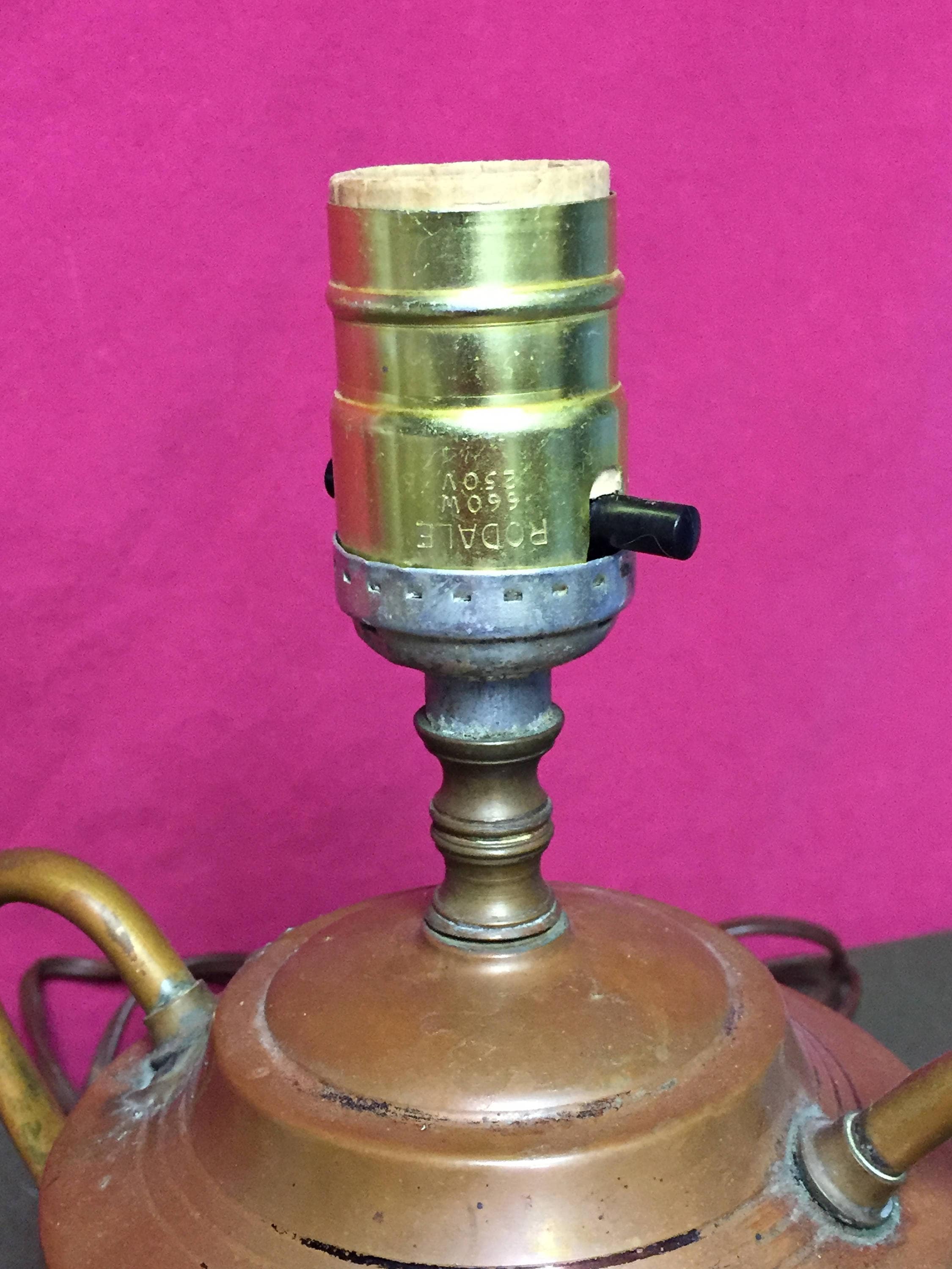 An Old Copper Oil Style Electric Table Lamp, Teapot Night Stand Lamp