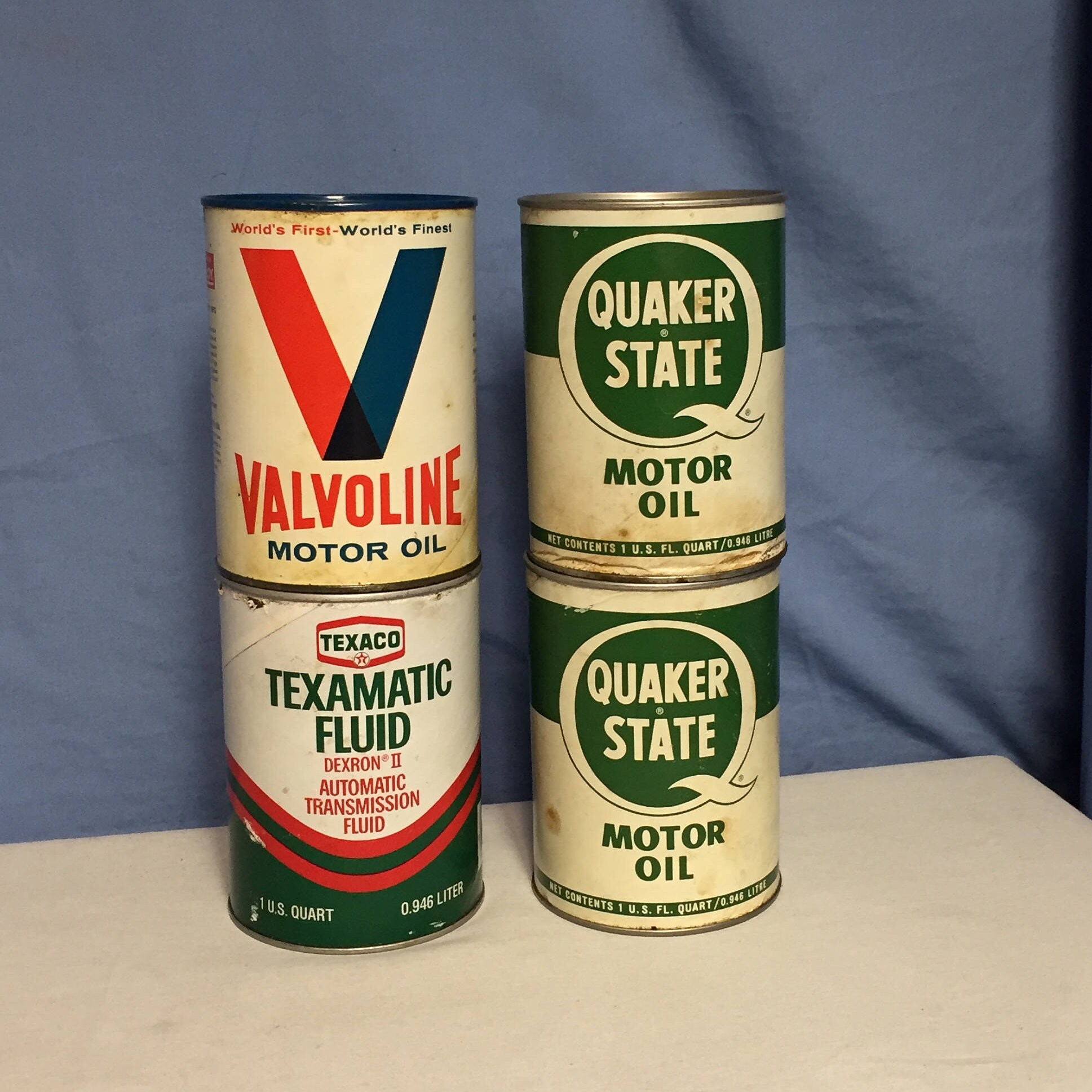 4 Full Quart Cans of Quaker State Texaco Valvoline Motor Oil, Gas Station Sign Advertising