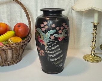 Japanese Black Lacquer Vase, Hand Painted Peacock