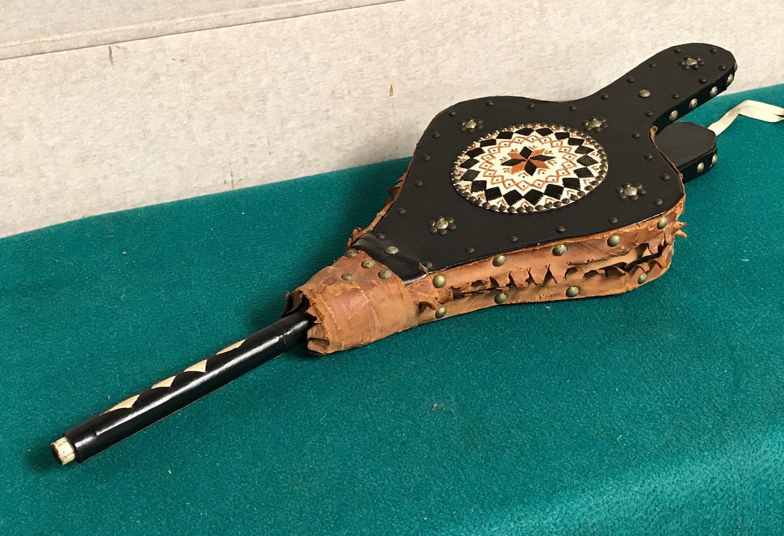 Vintage Fireplace Bellows, Wood and Leather Studded Bellows with