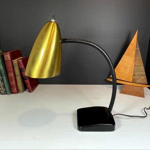 Mid Century Goose Neck Desk Lamp , Gold and Black Adjustable Student Lamp