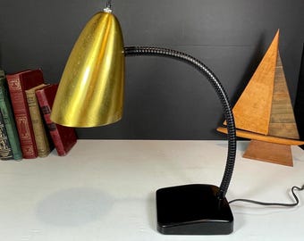 Mid Century Goose Neck Desk Lamp , Gold and Black Adjustable Student Lamp
