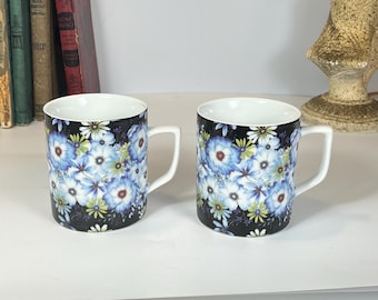 Barnes and Noble Mugs, Blue with White Flowers, Set of 2