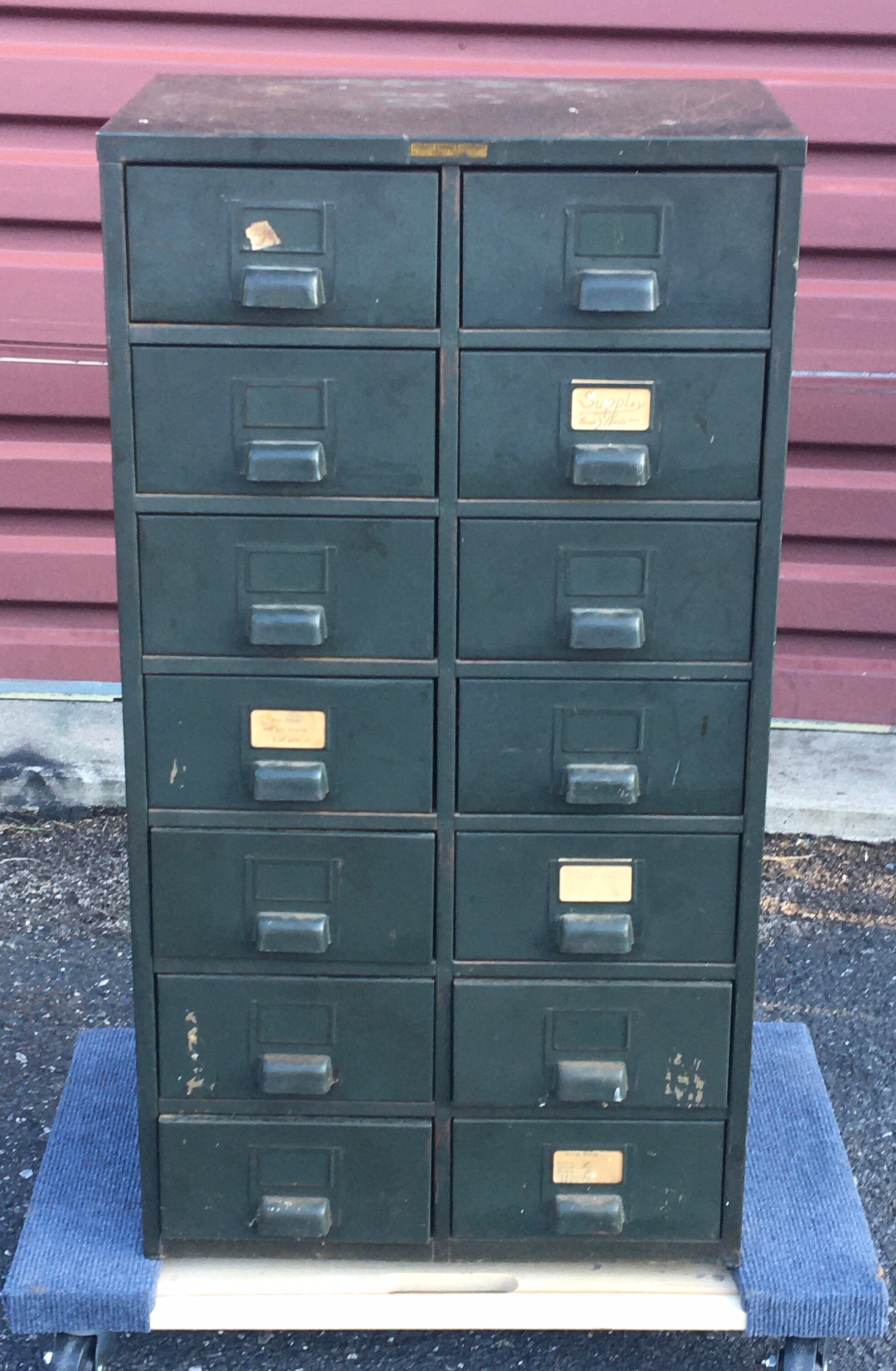1950's Tall Green 14 Drawer Industrial Steel Parts Hobart