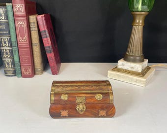 Ornate Wood and Brass Trinket Box with Hinged Lid, Made in India