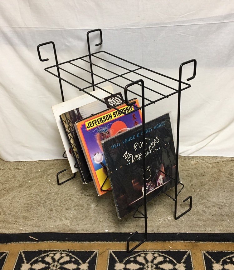 Mid Century Metal Wire Record Player Stand with Storage, Black Metal