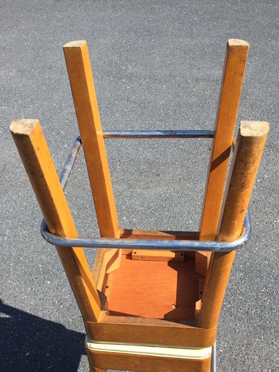 Two (2) Mid Century 24 Wooden Counter Stools, Chrome Footrest, Retro