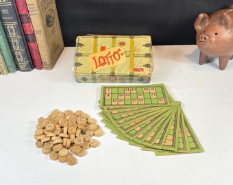 Vintage Lotto Game Cards and Wooden Numbers
