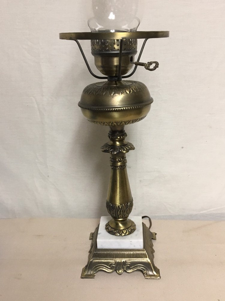 Antique Brass & Marble Oil Style Electric Hurricane Lamp with Fluted