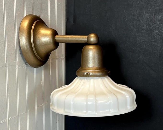 Featured listing image: Antique, 1920's Brass Electric Wall Sconce w/ Milk Glass Shade