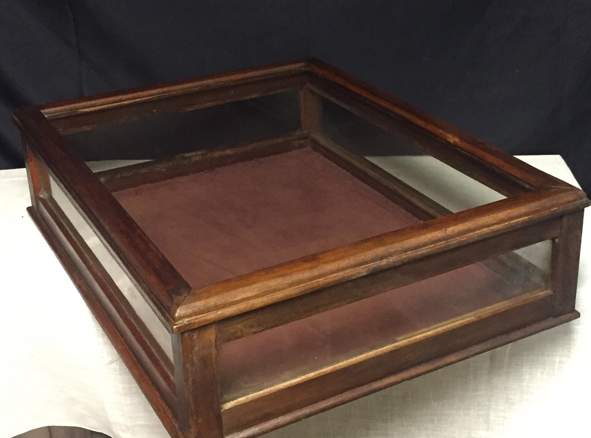 Vintage Dark Wood and Glass Table Top Display Case with Hinged Glass