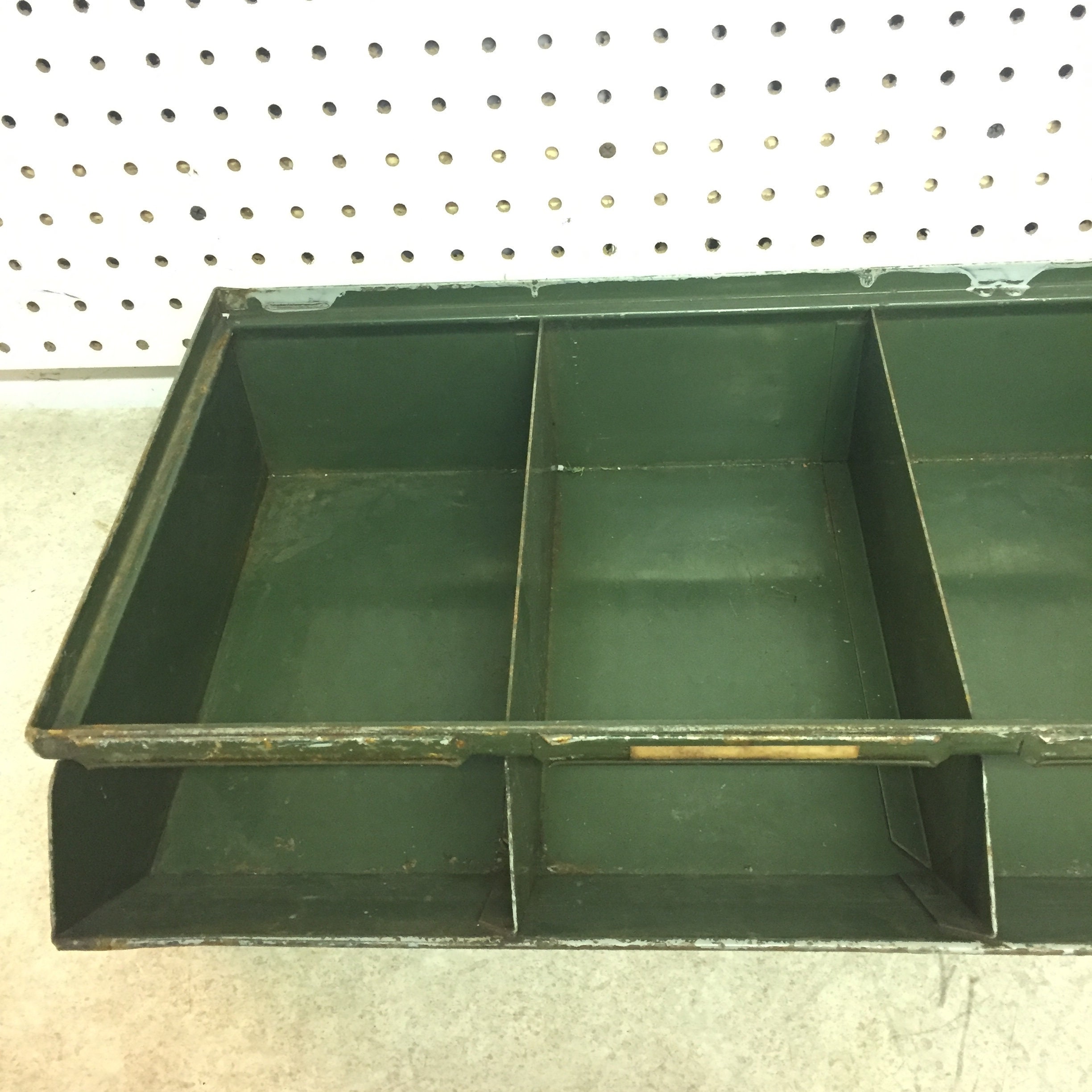 Vintage Green Industrial Steel Hardware Bins, Cubbies, Cubby Storage
