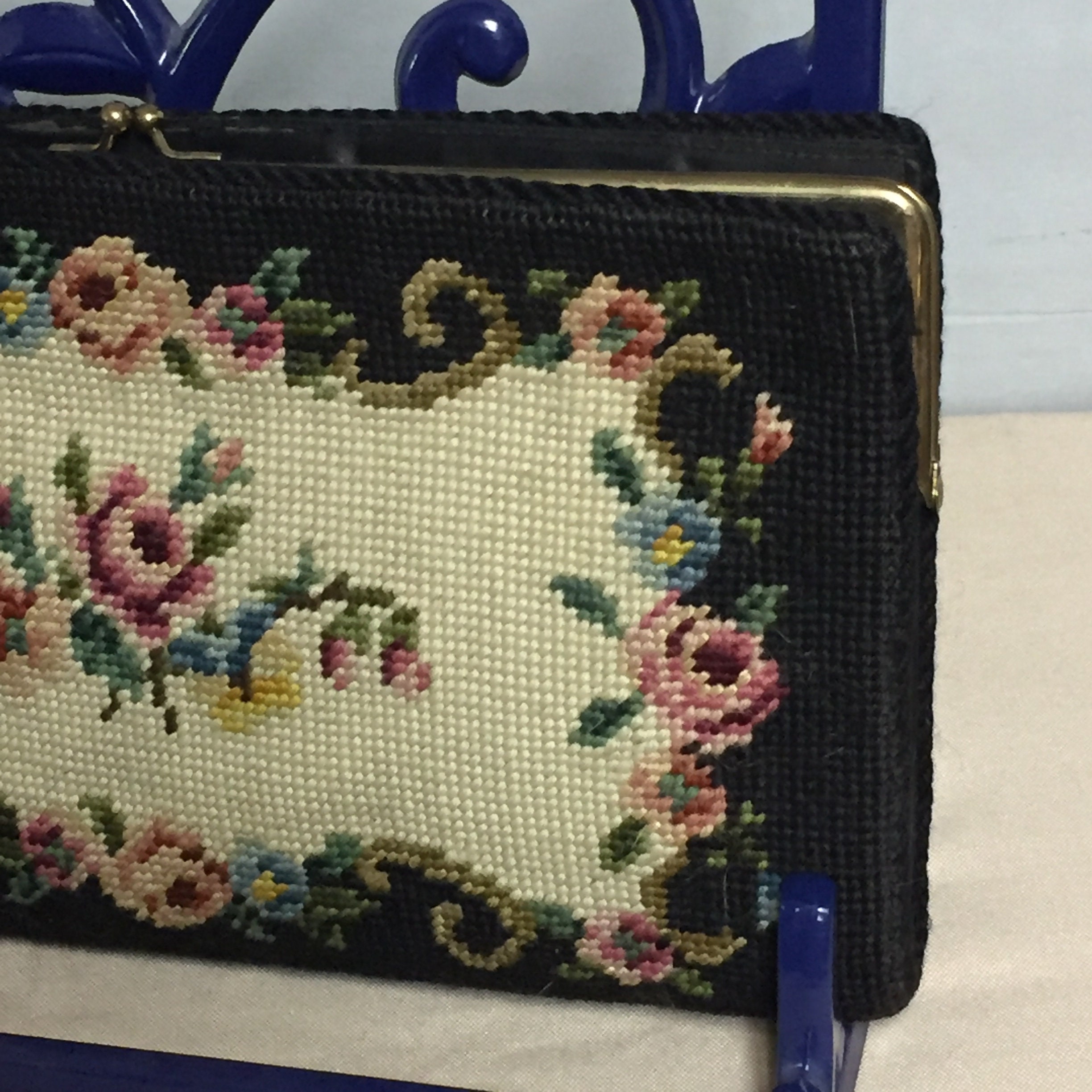 Needlepoint Clutch Purse, Rose Vintage Embroidered Clutch, Wool