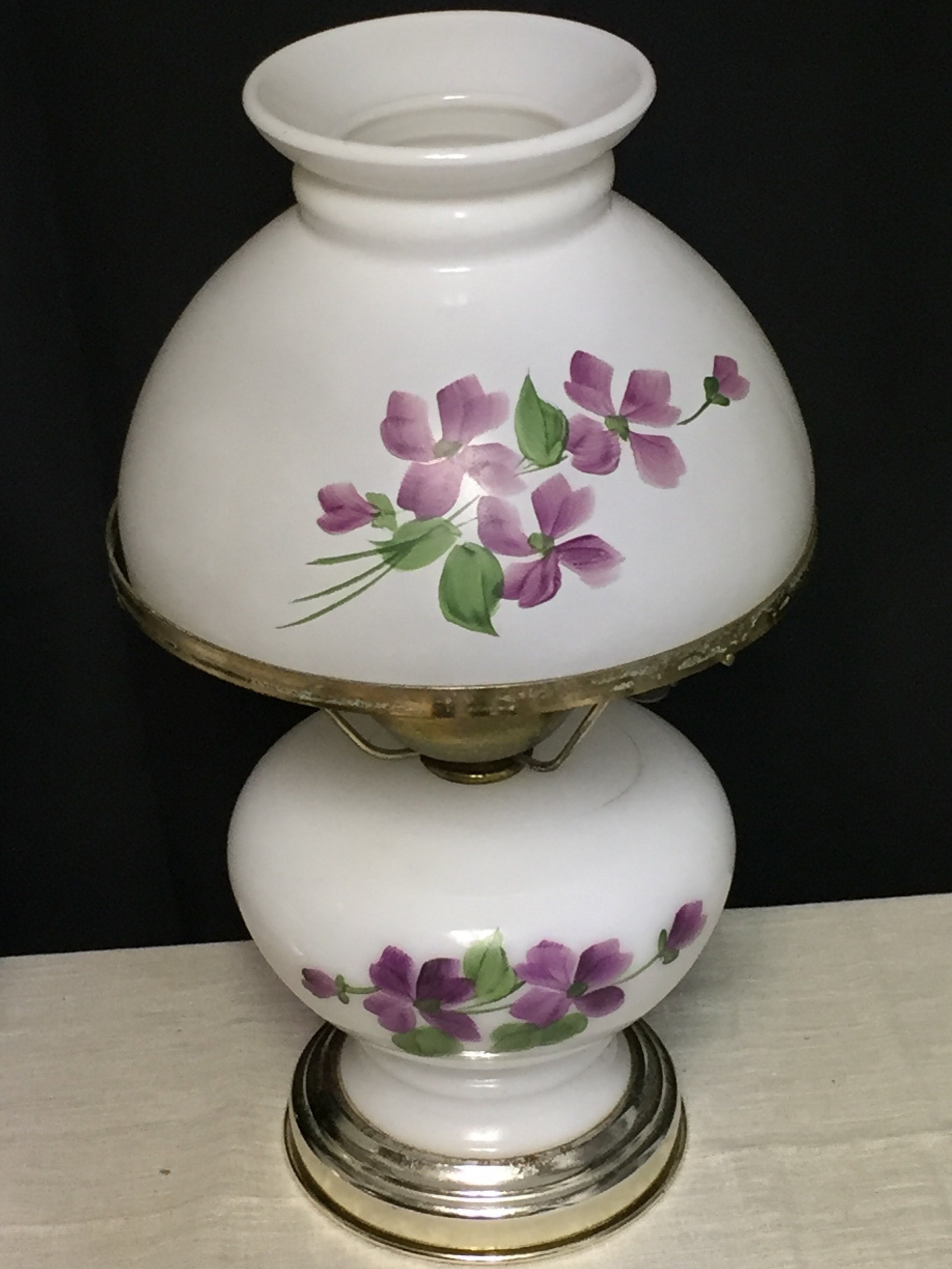 A Beautiful Pair of Purple Floral Electric Hurricane Table Lamps, Gone