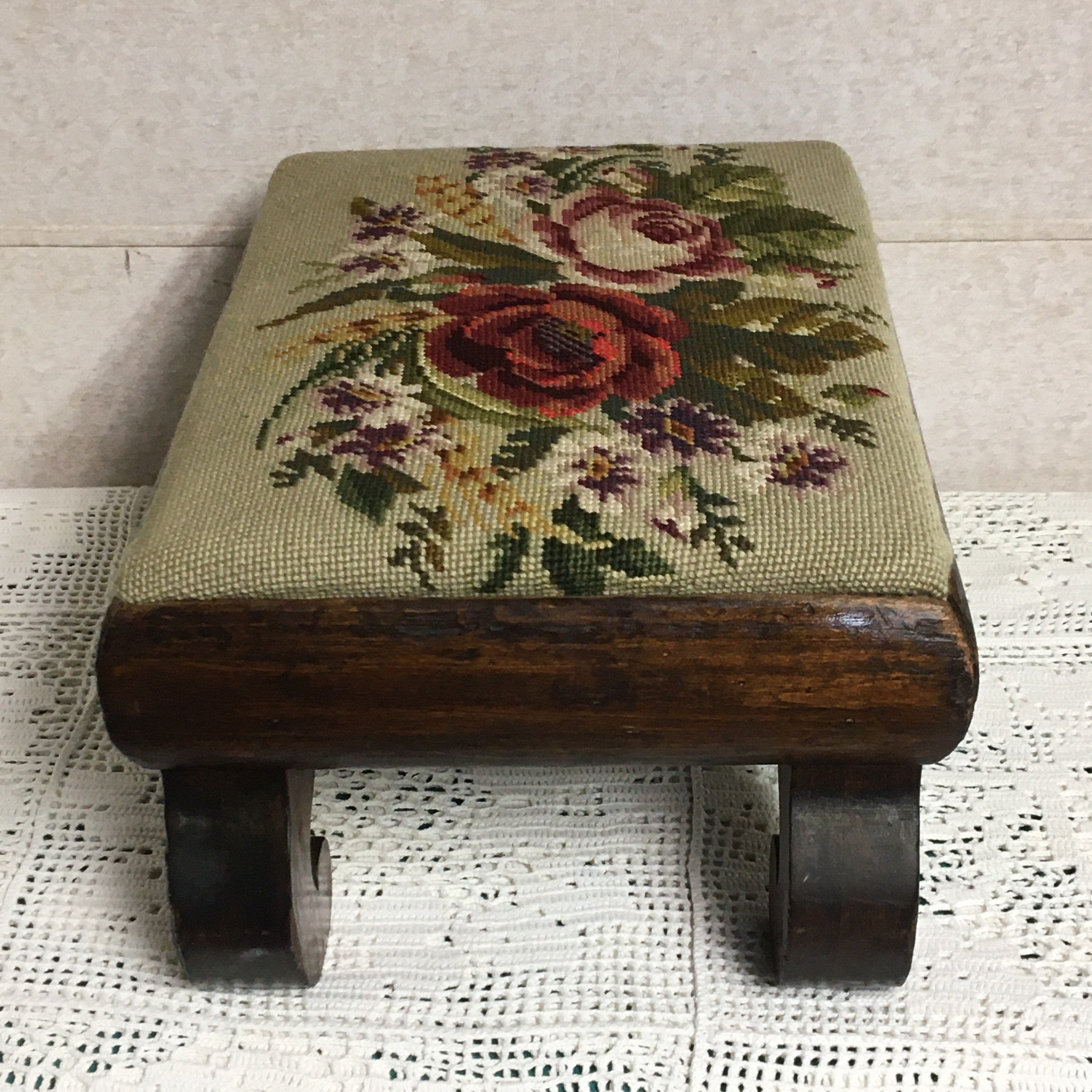 Antique Needlepoint Footstool Padded Top Ottoman Floral Pattern