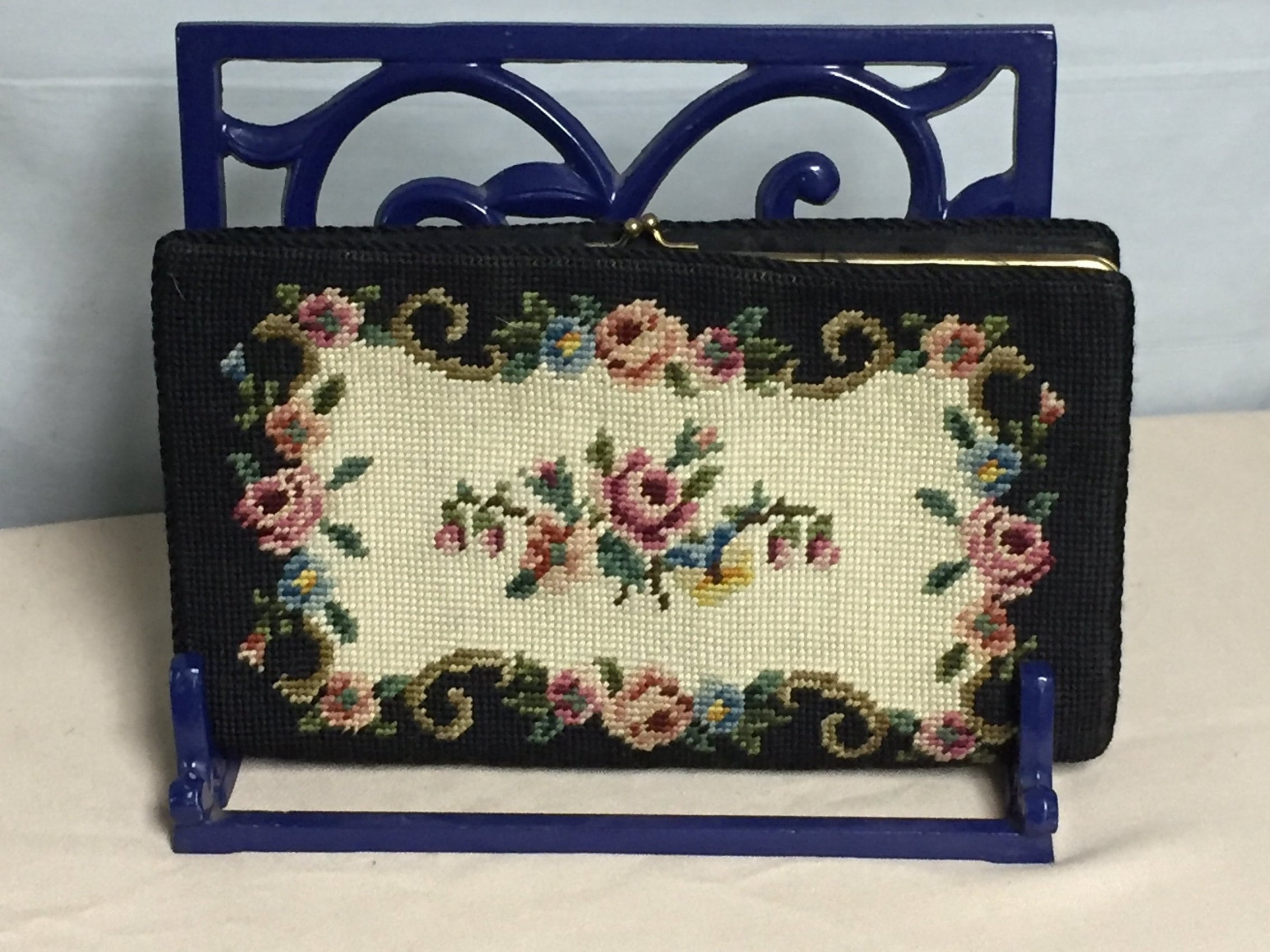 Needlepoint Clutch Purse, Rose Vintage Embroidered Clutch, Wool