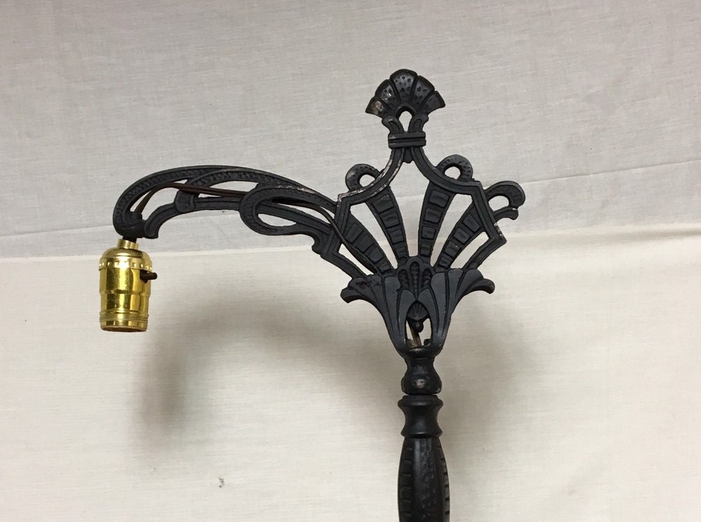 Antique 1920 S Black Cast Iron Bridge Arm Floor Lamp With A