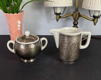 WMF Hutschenreuther, Art Deco Creamer and Sugar Bowl,  Porcelain and Hammered Metal Silver Plate, Germany 1930's