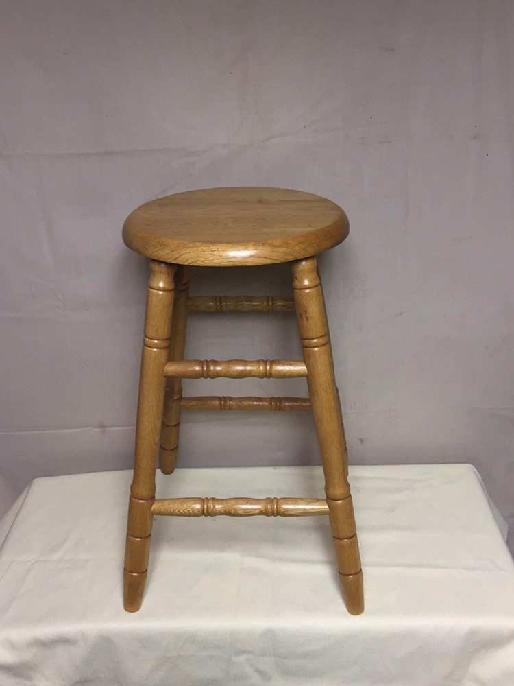 Vintage Solid Oak Wooden Farm Stool, Counter Stool, Bar Stool