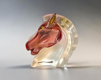 Lucite Horse Head Brooch, Pink on Clear