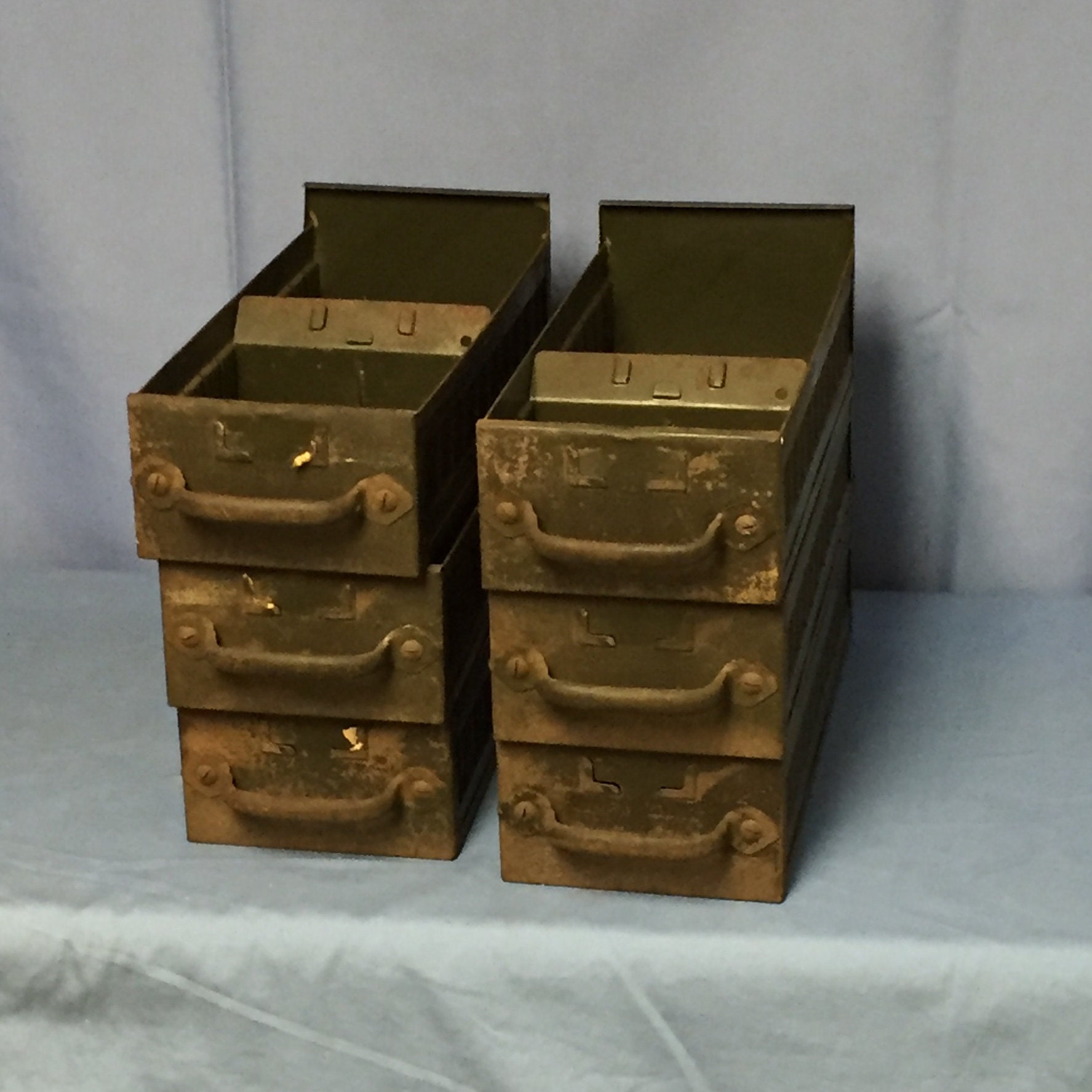 6 Vintage Industrial Steel Parts Drawers, Old Green EQUIPTO Hardware
