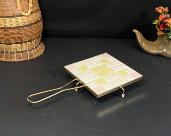 MCM Mosaic Tile Trivet in Brass Footed Frame with Handle