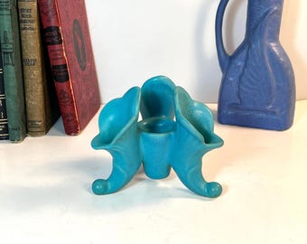 Van Briggle Ming Turquoise Triple Cornucopia Candle Holder, Mid Century Pottery