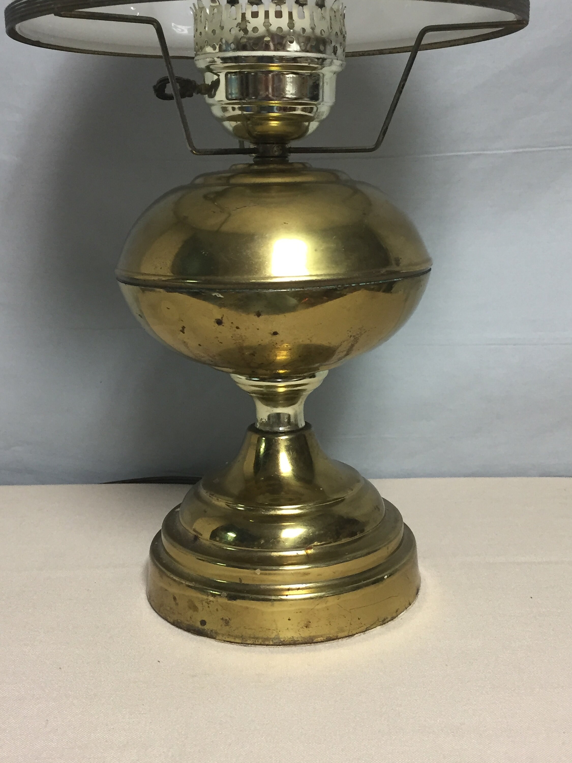Vintage Brass Tone Oil Style Electric Hurricane Lamp with Fluted Milk