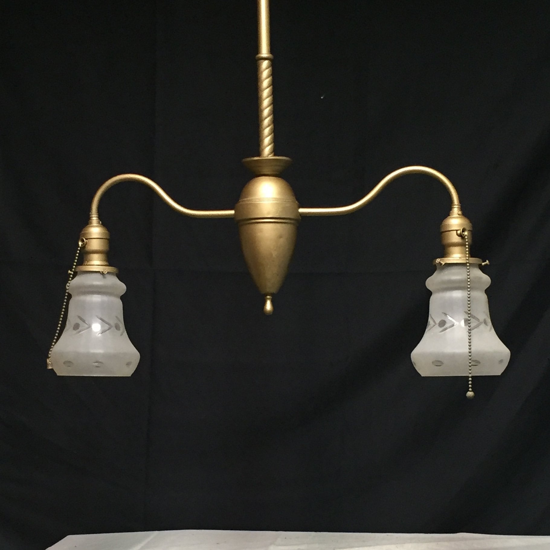 RESERVED Antique Brass Copper Hanging 2 Arm Pendant Light w/ Glass