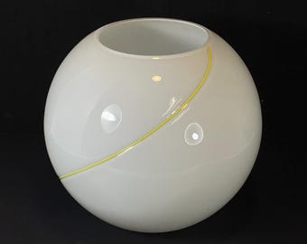Mid Century, White Round Cased Glass Vase with Yellow Thread Swirl, Signed D. Chapman