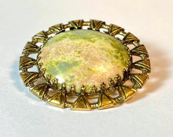 Moss Agate Brooch in Gold Tone Setting