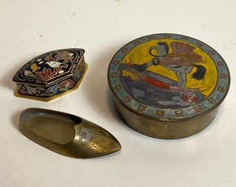 Set of Three (3) Brass and Enamel Trinket Dishes, Cloisonné Box With Lid