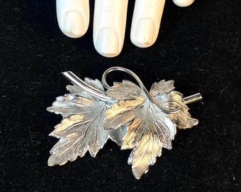Napier, Double Leaf, Silver Tone Brooch
