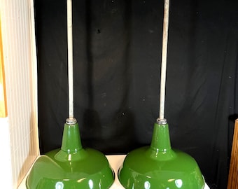 Pair of 1940's Benjamin 18" Industrial Green Enamel Pendant Light, W/ Drop Pipe & Mounting Plate, Gas Station Light