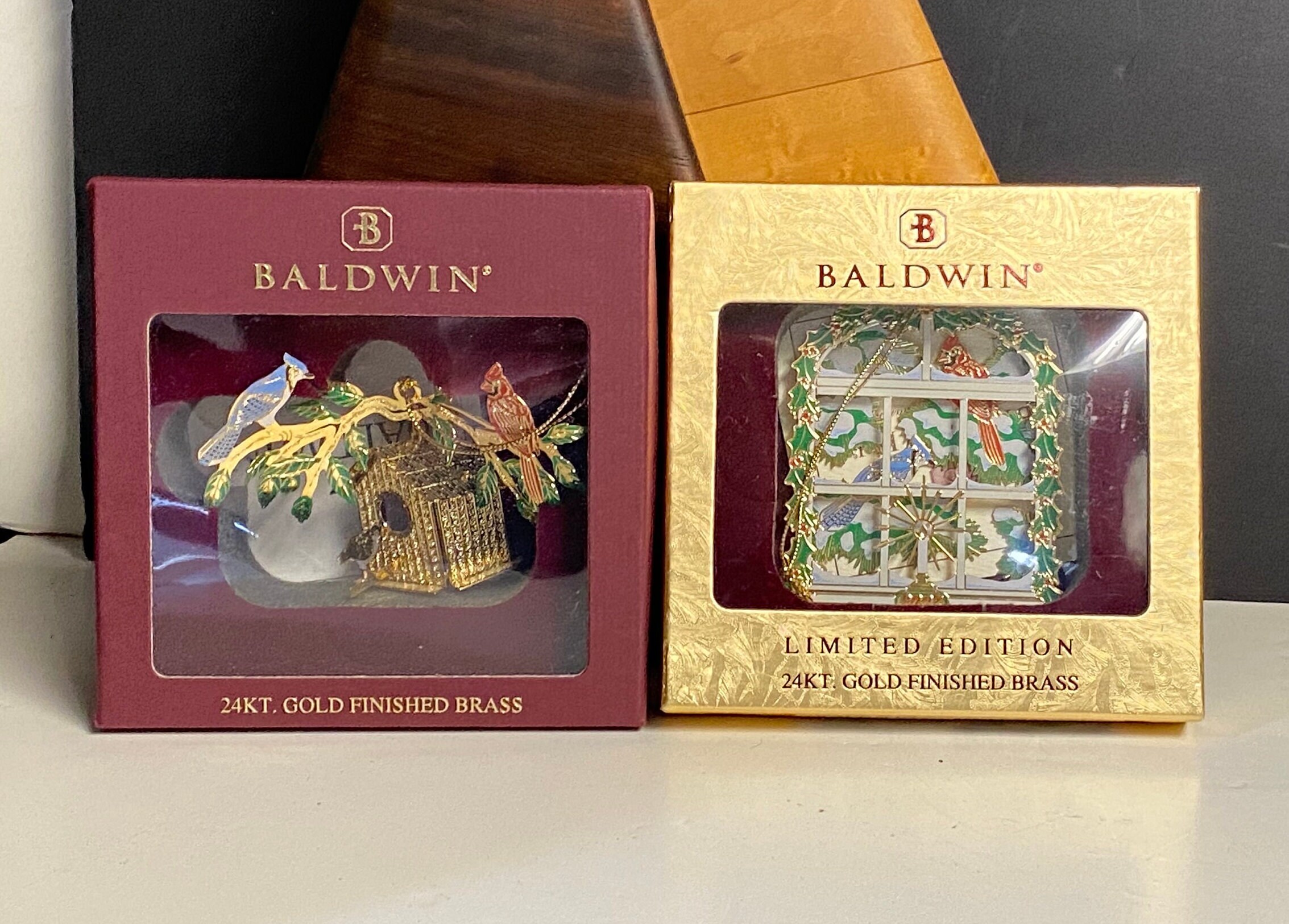 2 Baldwin Brass Christmas Tree Ornaments, Bird House and Wintry Window 24K Gold