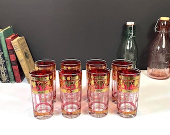 Cera "Golden Grapes Burgundy" Cocktail Glasses with 22kt Gold, Set of Eight (8), Mid Century Highball Glasses