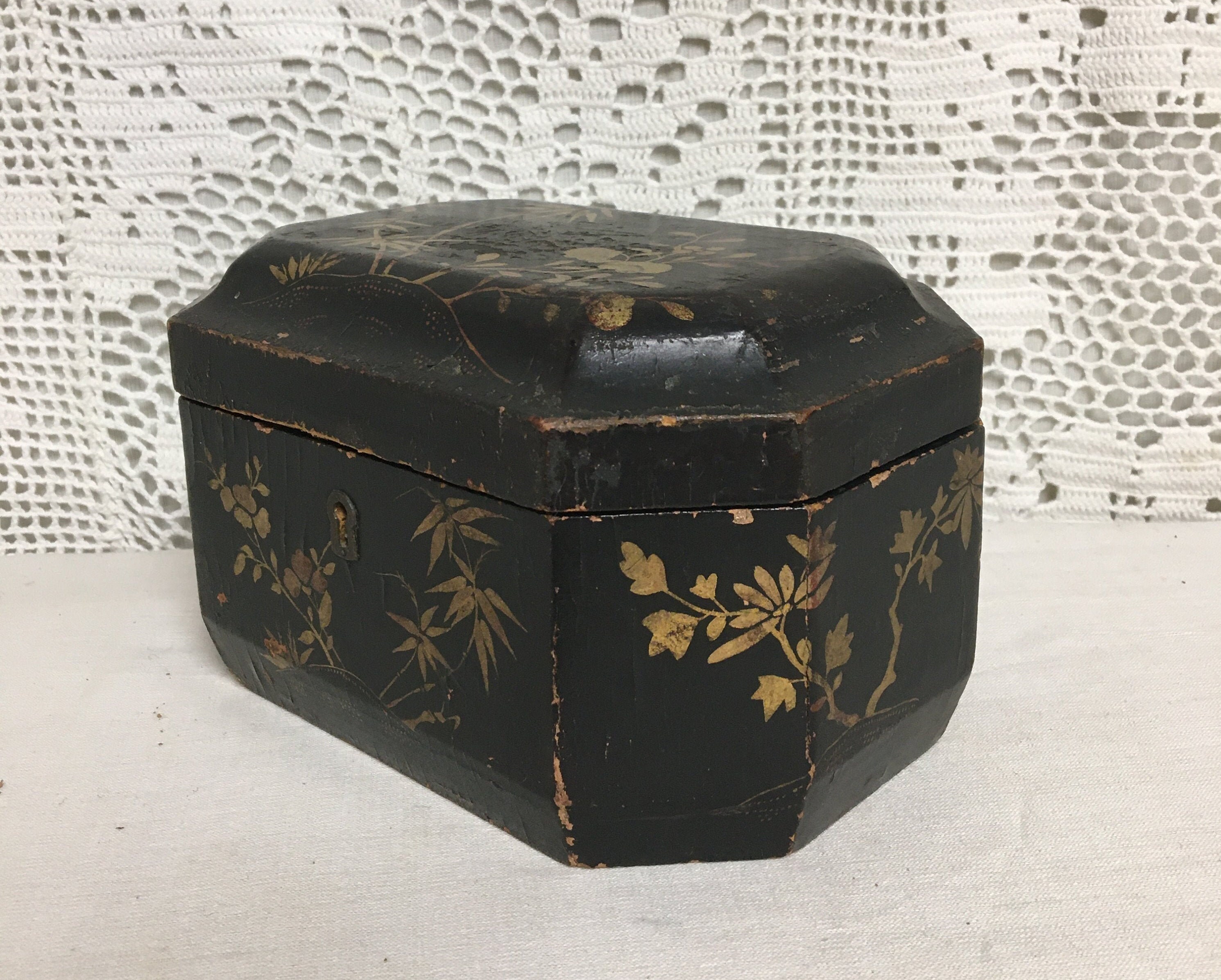 Small Antique Wooden Sewing Box Chest with Hinged Lid, Hand Painted