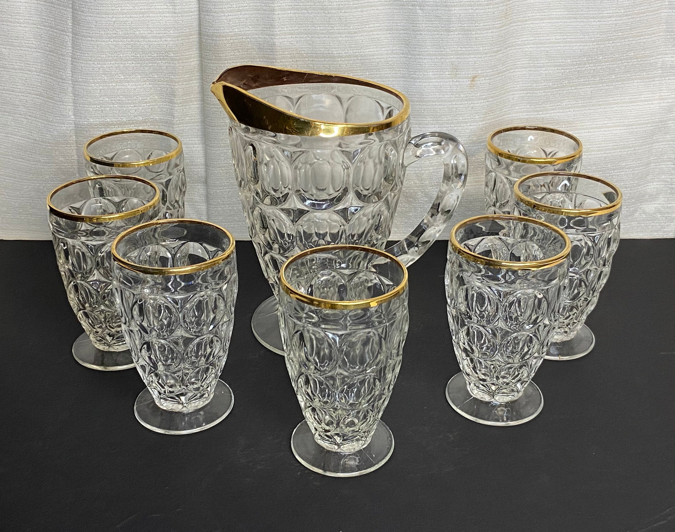 Jeanette Glass Thumbprint Pitcher with Seven (7) Glasses, 8 Piece Set