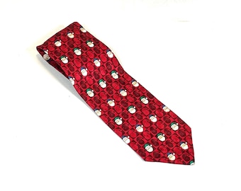 JoS A Bank Red Silk Christmas Tie, Santa Heads with Blue and Green Hats