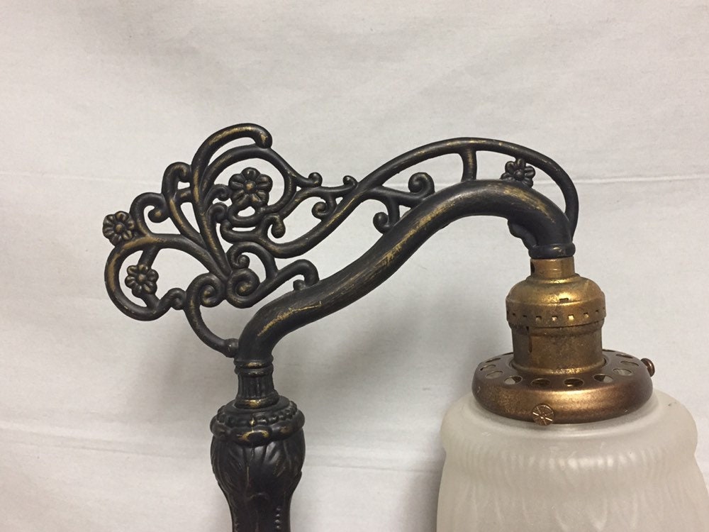 Vintage Petite Cast Iron Bridge Arm Table Lamp with an Antique Glass